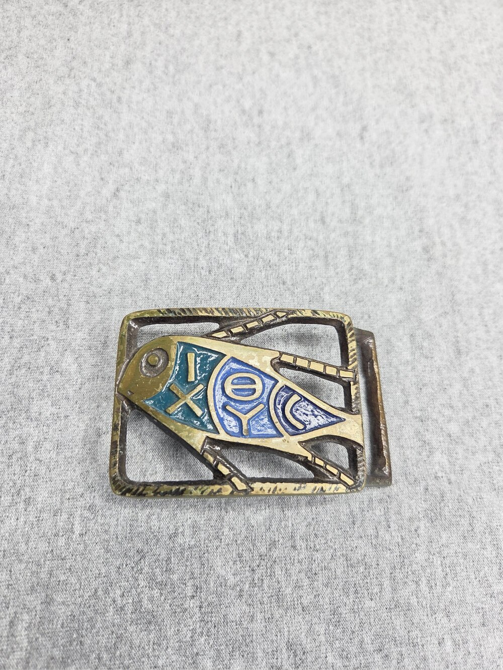 Terra Sancta Guild Belt Buckle Ichthys Jesus Fish Blue Enamel Brass 1960s